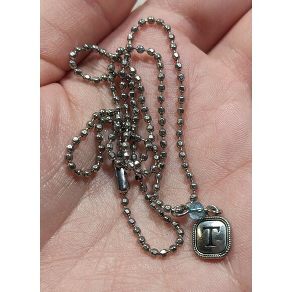 Minimalist Letter T Pendant Necklace With Blue Accent Bead - Picture 5 of 6
